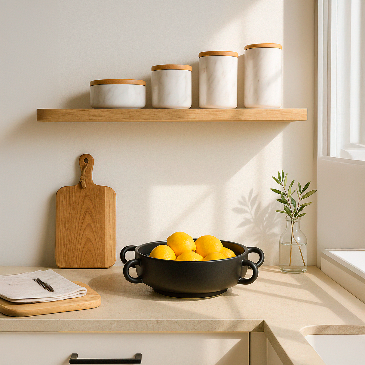 Set de 4 Frascos Mármol + Bandeja Negra Kelida Porcelana