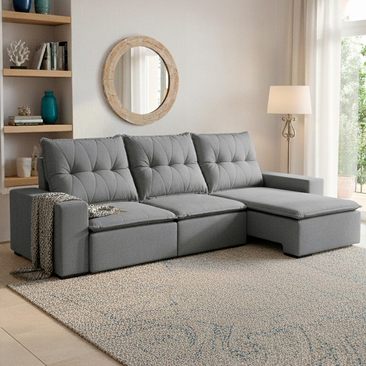 Sofá extensible de 3 cuerpos, con tela lino y de 3 cuerpos.