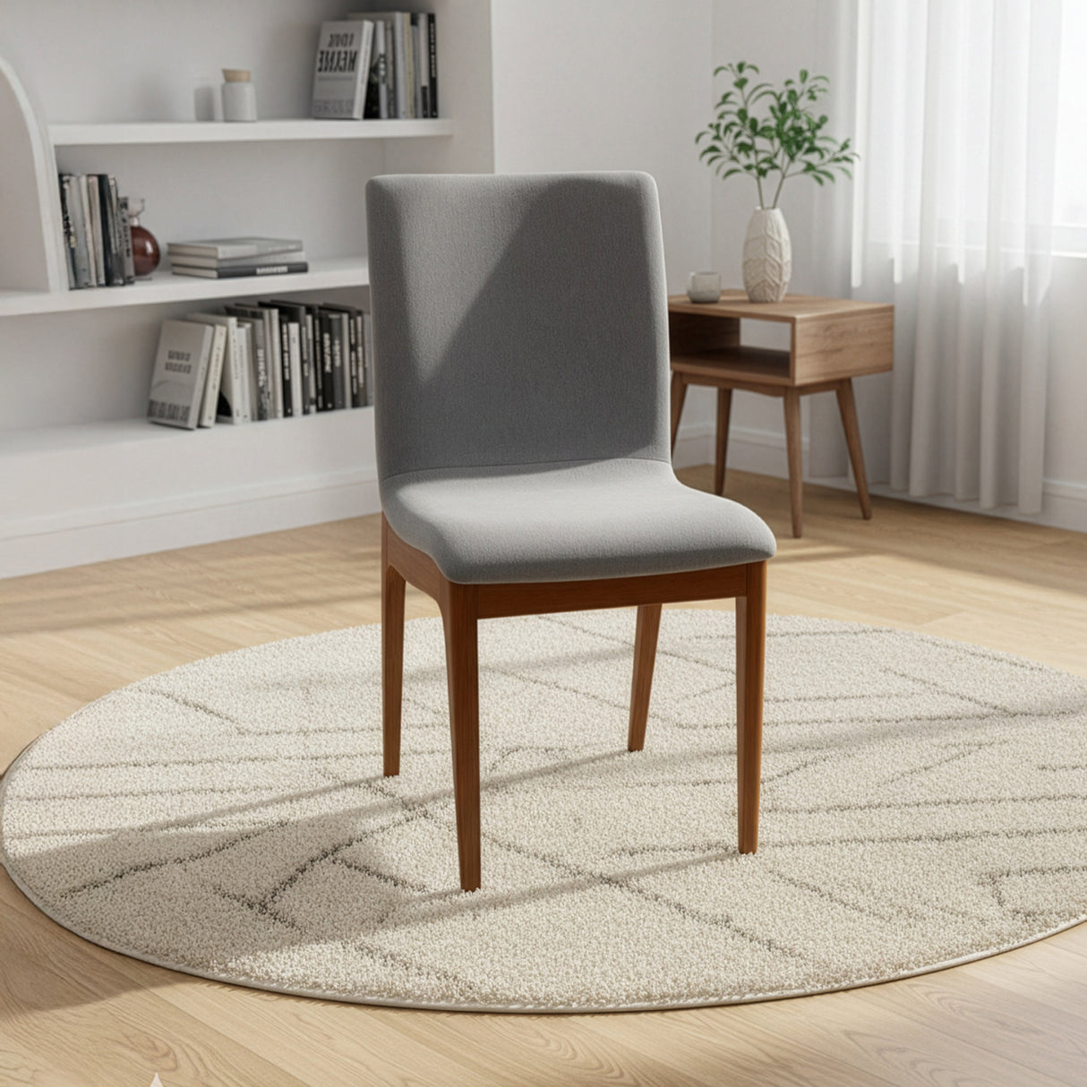 Silla acolchada con patas de madera en color gris oscuro.
