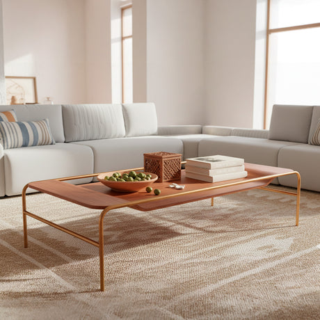 mesa de centro rectangular de madera con base de acero