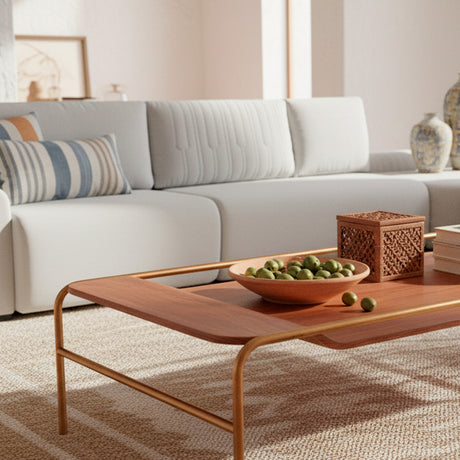 Mesa de centro rectangular de madera con base de acero