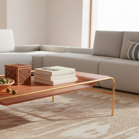 Mesa de centro rectangular de madera con base de acero